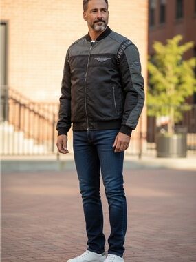 Harley-Davidson Black & Green Men's Bomber Jacket with Wing Patch